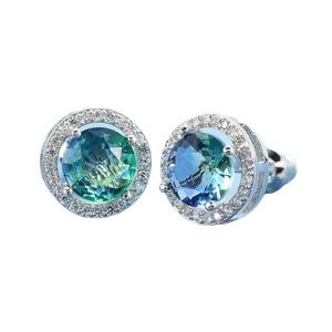 Blue/Green Stone Stud Earrings with Rhinestone Detail
